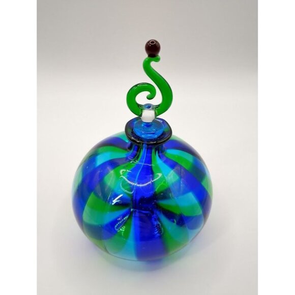 Hand-Blown Murano Glass Genie Bottle With Swirly Topper - Blue & Green Stripes - Picture 1 of 4
